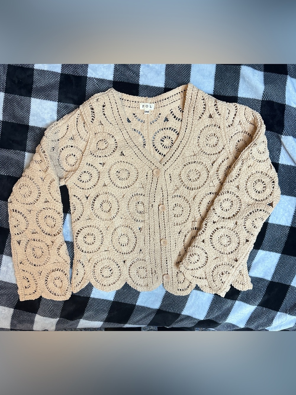 POL Beige Crocheted Button-Front Cardigan